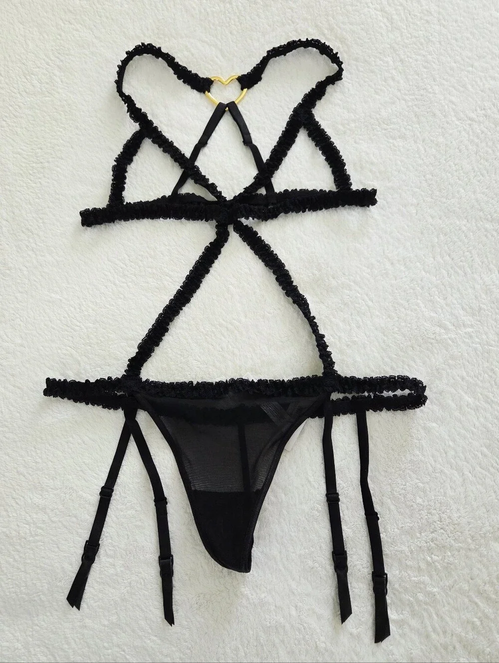 Adore Me ✨️ Women's Black Lace Strappy Bra and Panty Set with Gold Accent Size L